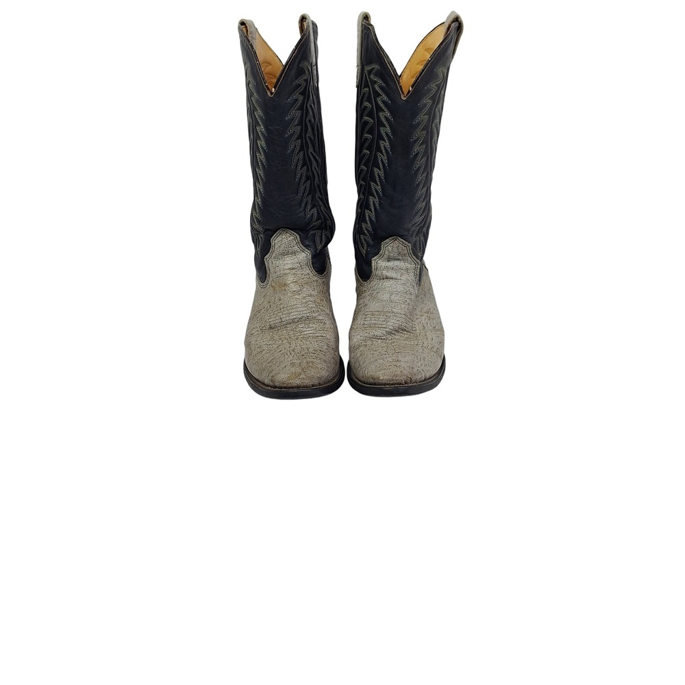 Vintage Double H Western Cowboy Boots‎ Grey Elephant Print Black Leather 10.5 EE